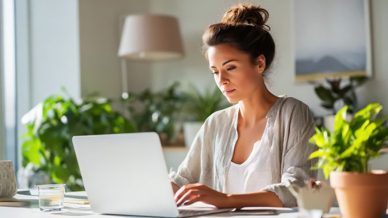 Profissional concentrado trabalhando em casa cercado de vegetação, utilizando um laptop em um ambiente interno claro e convidativo, enfatizando a produtividade e o conforto em espaços modernos