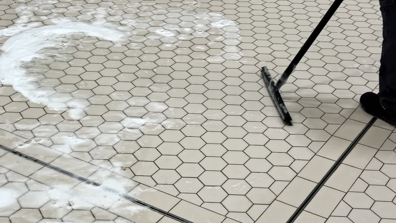 Worker cleaning tiled industrial floor with water and foam during maintenance process, squeegee