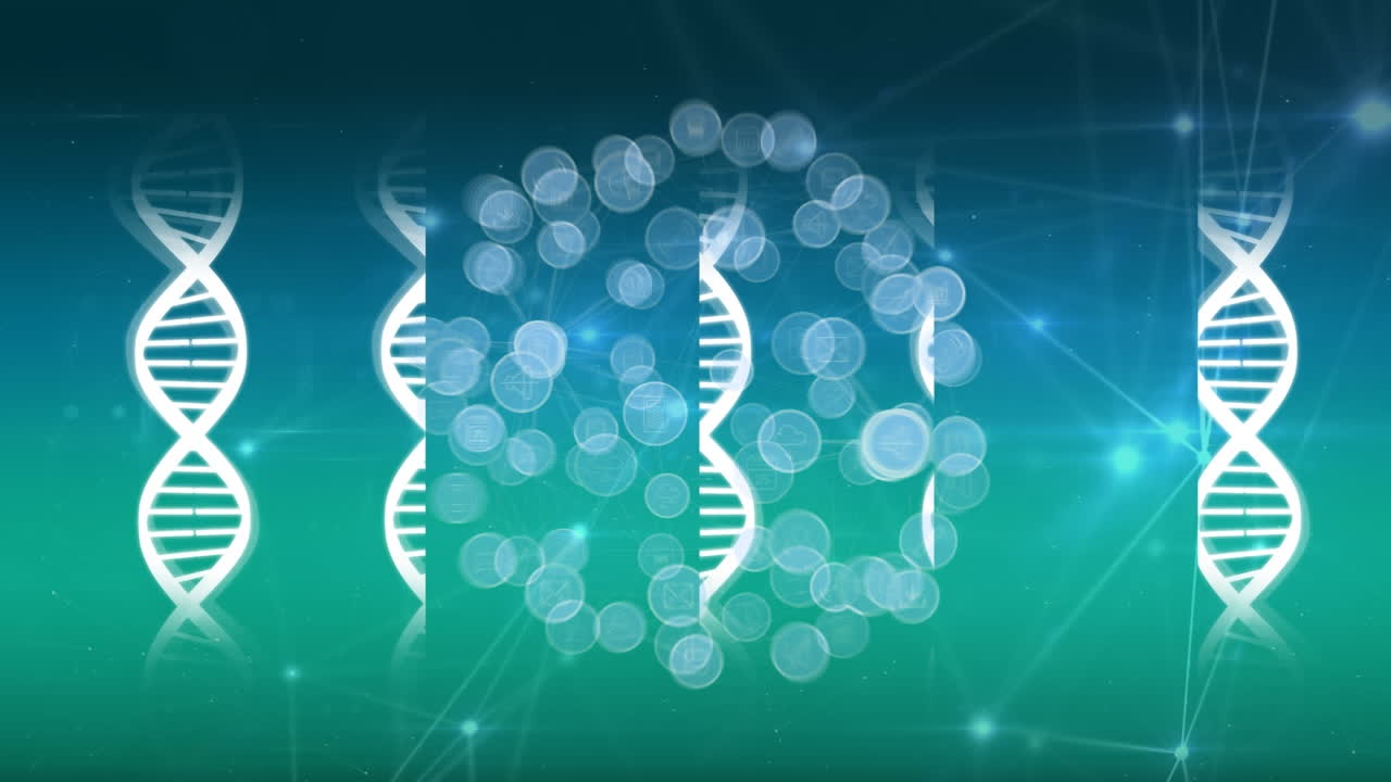 dna 가닥 위에 아이콘으로 연결된 네트워크의 애니메이션