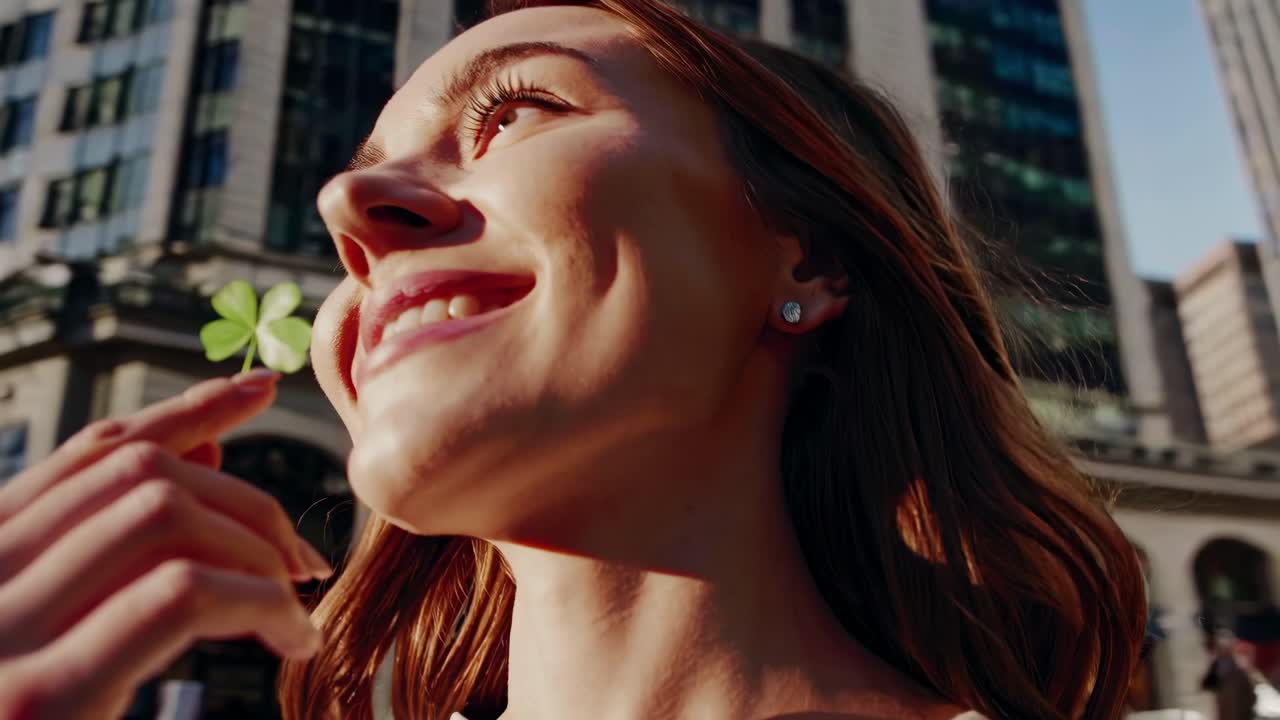 Una ripresa video dal basso di una donna che tiene un trifoglio, sorridente in un paesaggio urbano illuminato dal sole.