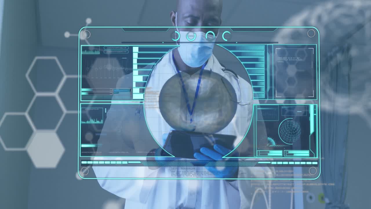 animación de células y procesamiento de datos médicos sobre un médico afroamericano usando una tableta.