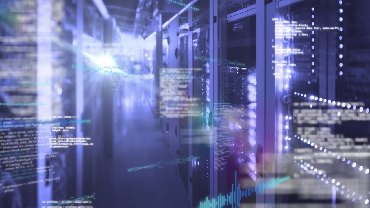 Animation of data processing and light spot against computer server room