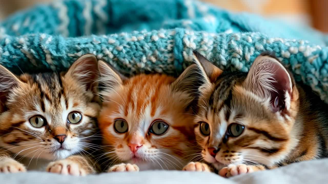 Tres gatitos debajo de una manta.