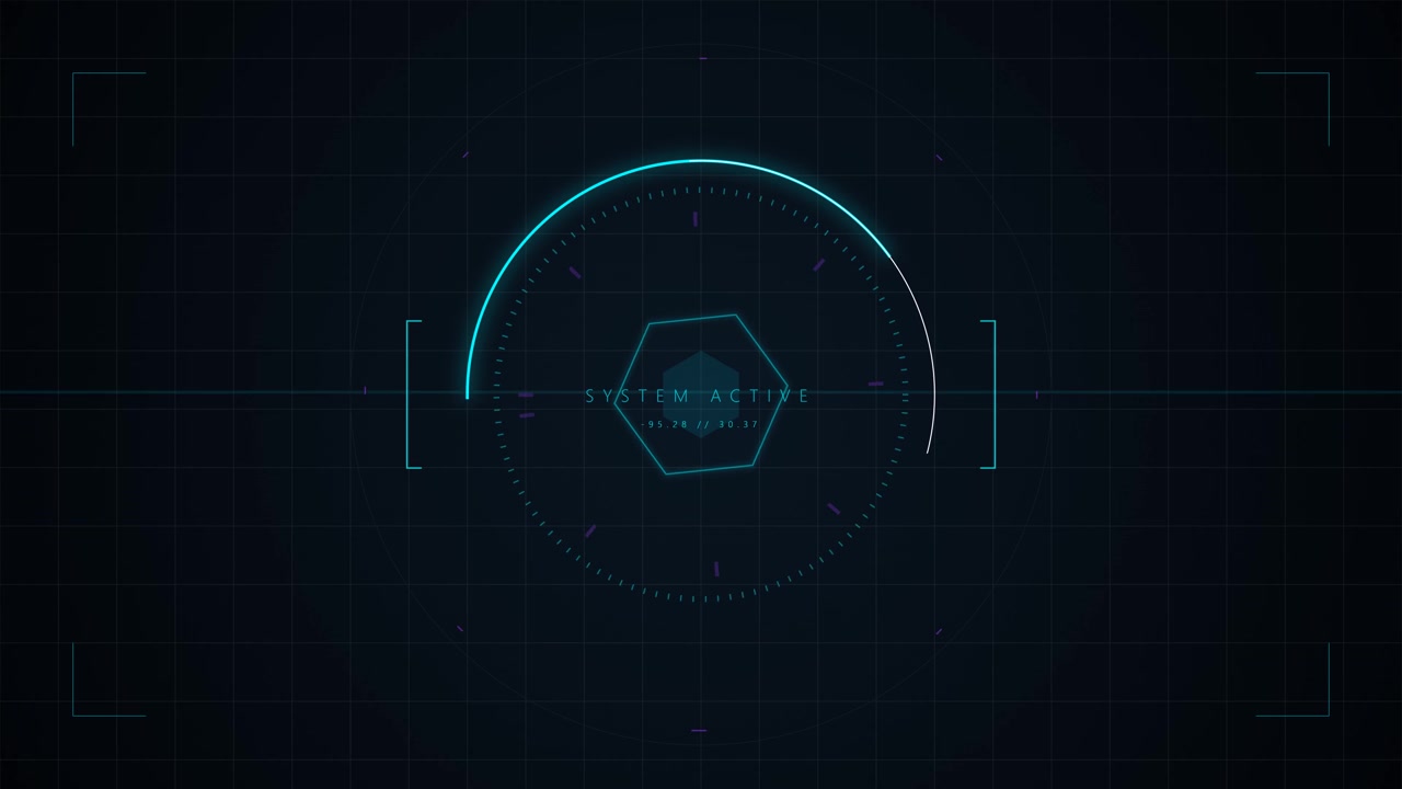 Futuristic Digital HUD Interface with Rotating Hexagon and Data