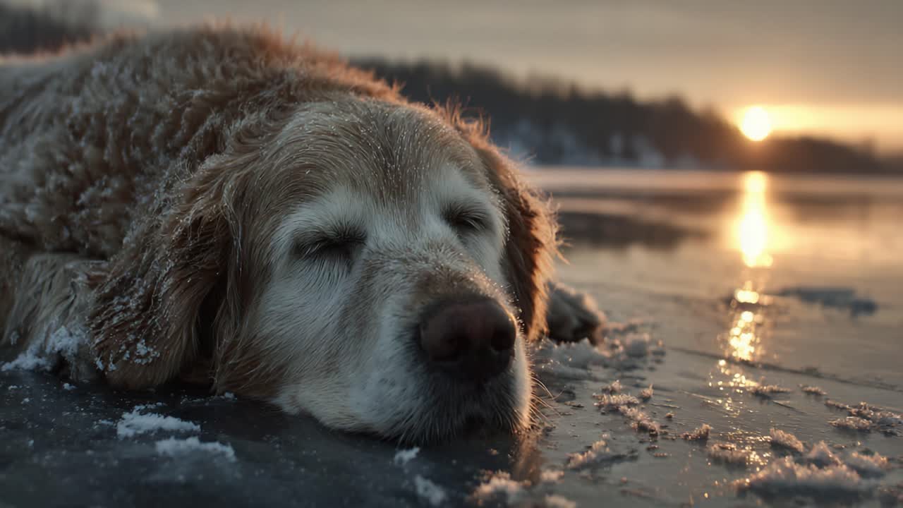 Gün batımında buzlu kıyıda dinlenen, huzurlu yansımalar ve arka planda yumuşak renklerle doğanın güzelliğini yakalayan sakin bir Golden Retriever