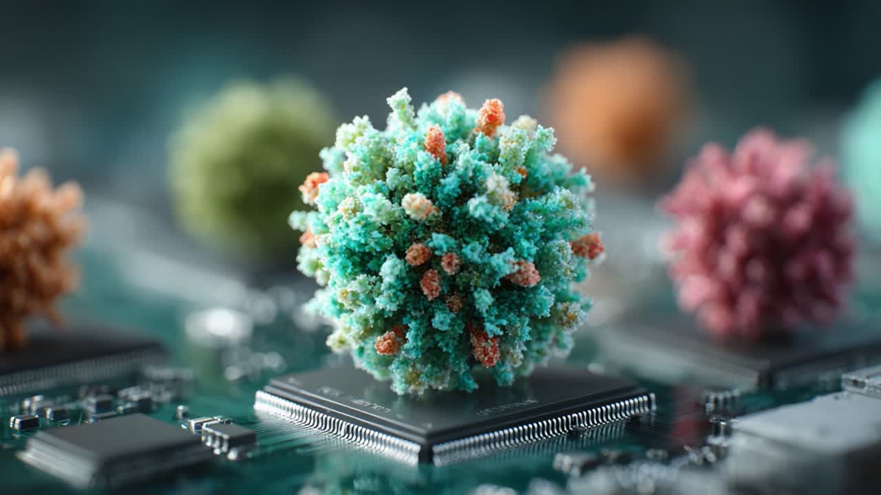 A Stunning Macro Visualization of Viruses Interacting with Microchips: A Depiction of the Intricate Relationship Between Biological Entities and Technology