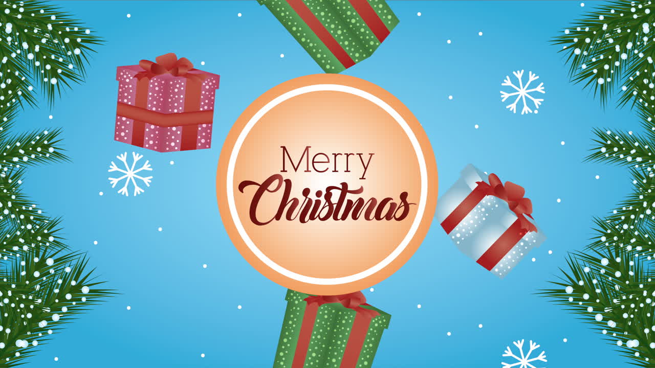 선물과 꽃줄이 있는 메리 크리스마스 애니메이션