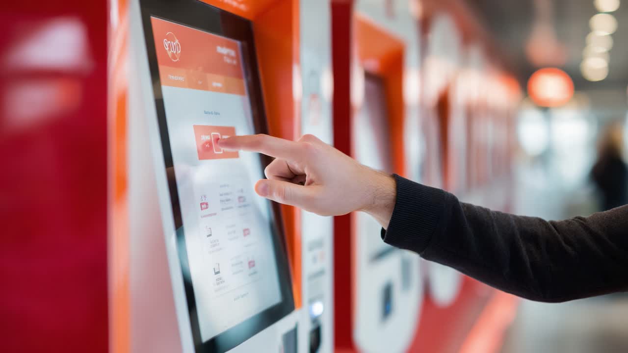 Primo piano di un utente con un moderno chiosco touchscreen, che mette in risalto l'interfaccia digitale e il coinvolgimento dell'utente in un ambiente contemporaneo