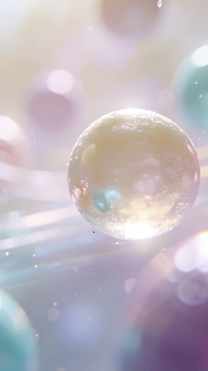 Video verticale: Luce calda che si muove, facendo fluttuare, girare e depositare una perla in uno studio macro con effetto bokeh.