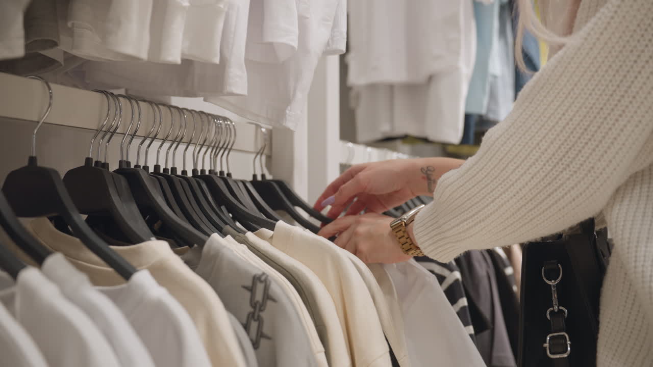 Tattooed female shopper in knit sweater browses retail rack, sliding manicured hands with gold watch over neutral cotton polos and striped tops, comparing color, texture, fit under store lights