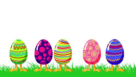 cartoon crazy jumping eggs in a green grass. happy easter greeting loop animation isolated on white