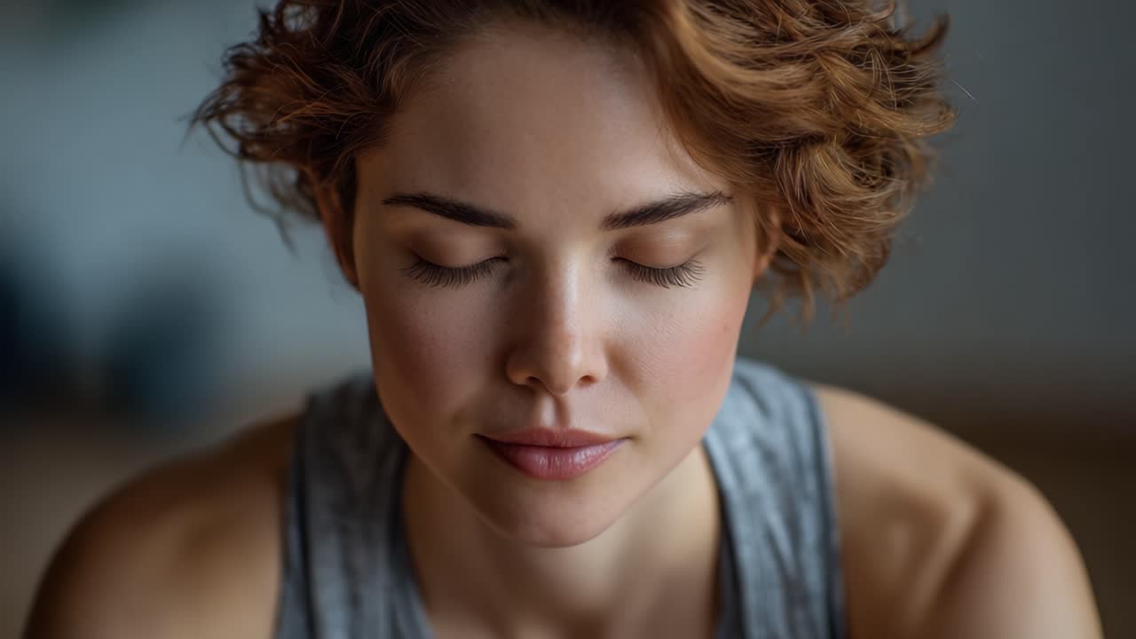 Inner Peace Captured: A Close-Up Focus on a Young Woman Meditating with Eyes Closed, Radiating Calmness and Serenity in a Soft-lit Environment