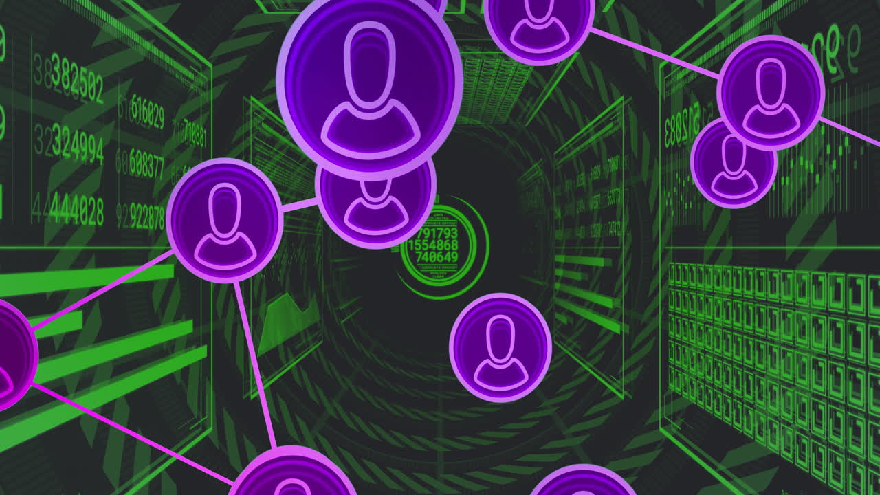 Network of user icons and data processing animation over digital tunnel background