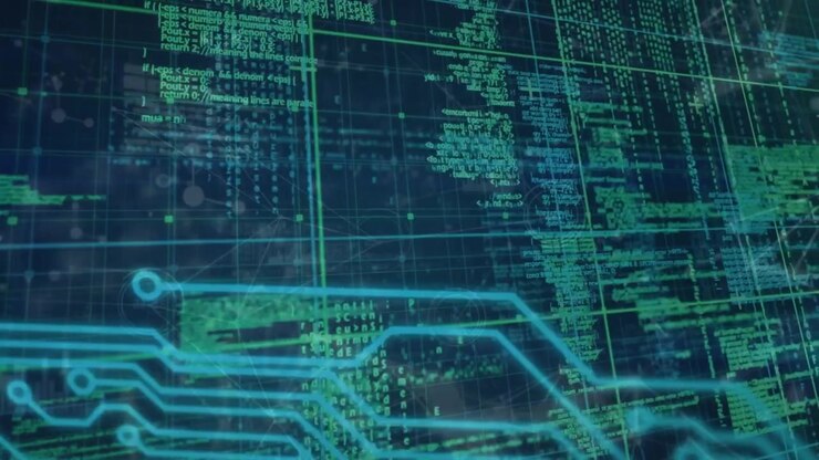 Animation of data processing with connecting dots, hud elements on digital interface