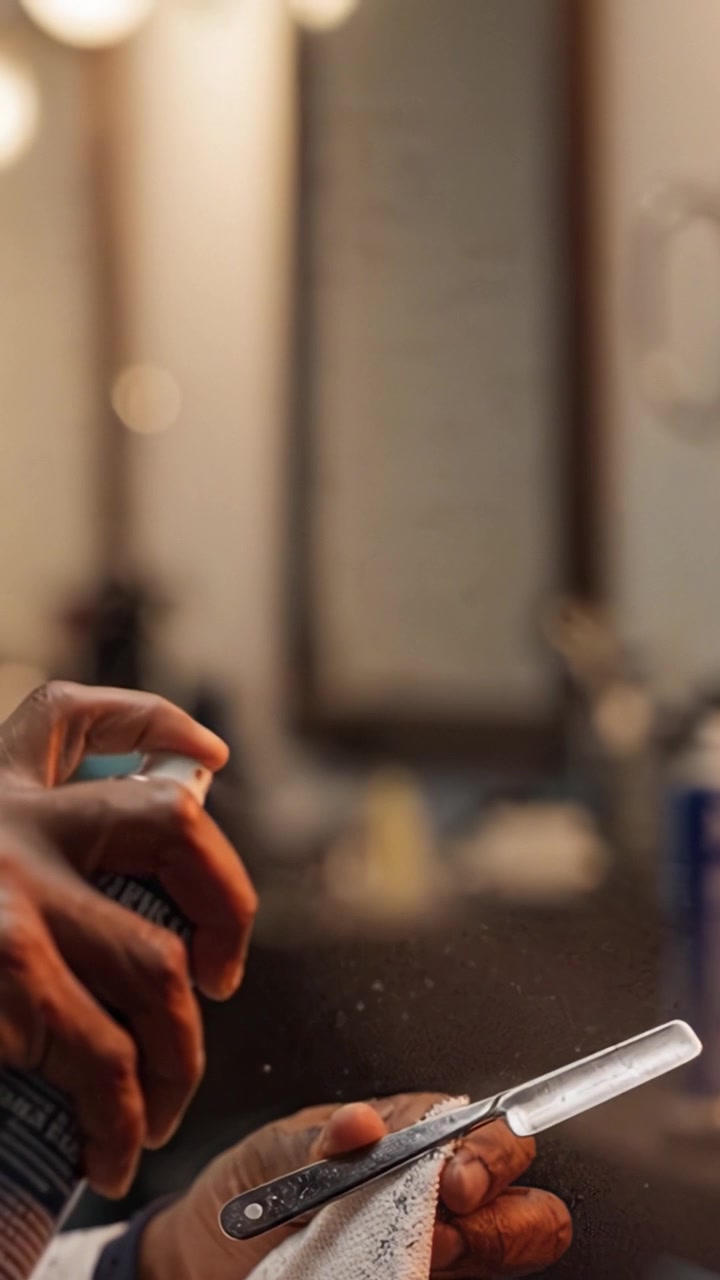 A Professional Barber Prepares for a Haircut with a Straight Razor, Focusing on Grooming Techniques and Tools for a Flawless Appearance and Client Satisfaction