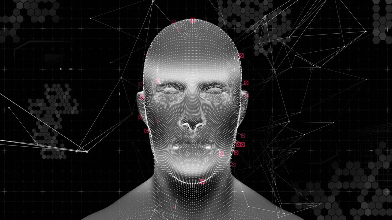 3D wireframe head receiving alert spike, rotating with scan band while bubbles updating metrics