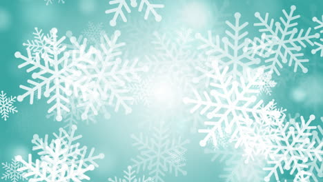 decorative abstract winter turquoise background with rotating white snowflakes. copy space. looped animation.