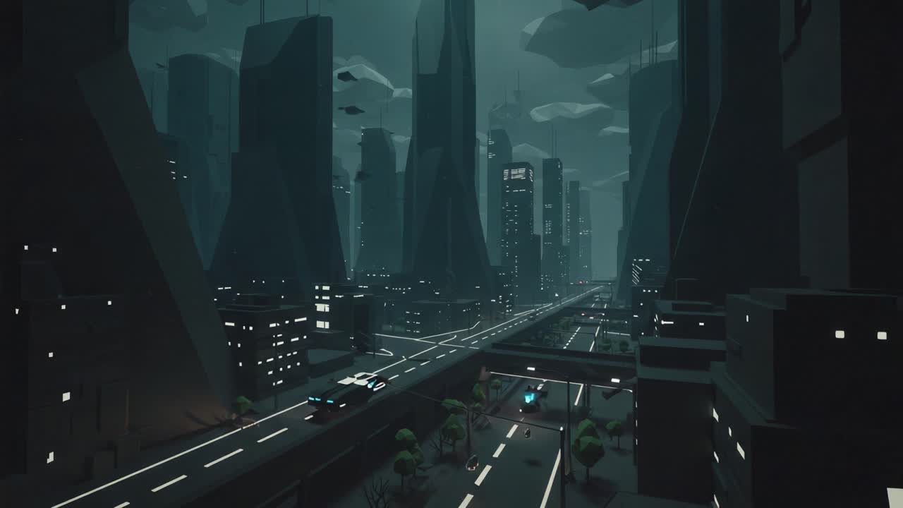 A Futuristic Cityscape at Night: A Dark, Atmospheric Exploration of Skyscrapers and Urban Design Illuminated by Distant Neon Lights
