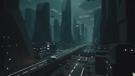 a futuristic cityscape at night: a dark, atmospheric exploration of skyscrapers and urban design illuminated by distant neon lights