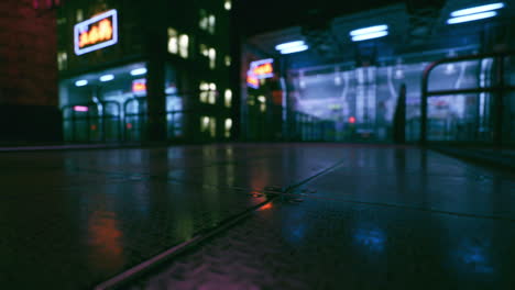 urban nightlife shows reflections of neon lights on wet pavement at midnight