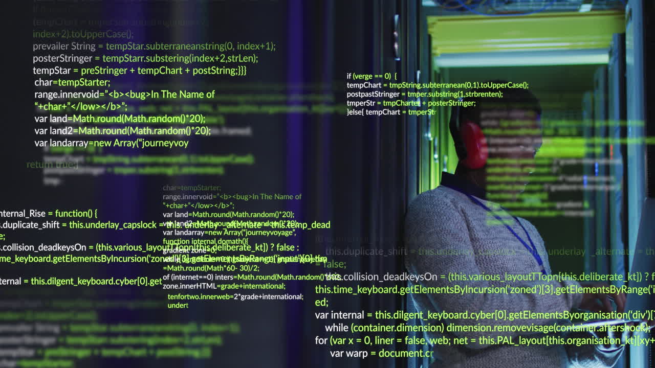 Animation of data processing over african american male engineer using digital tablet at server room