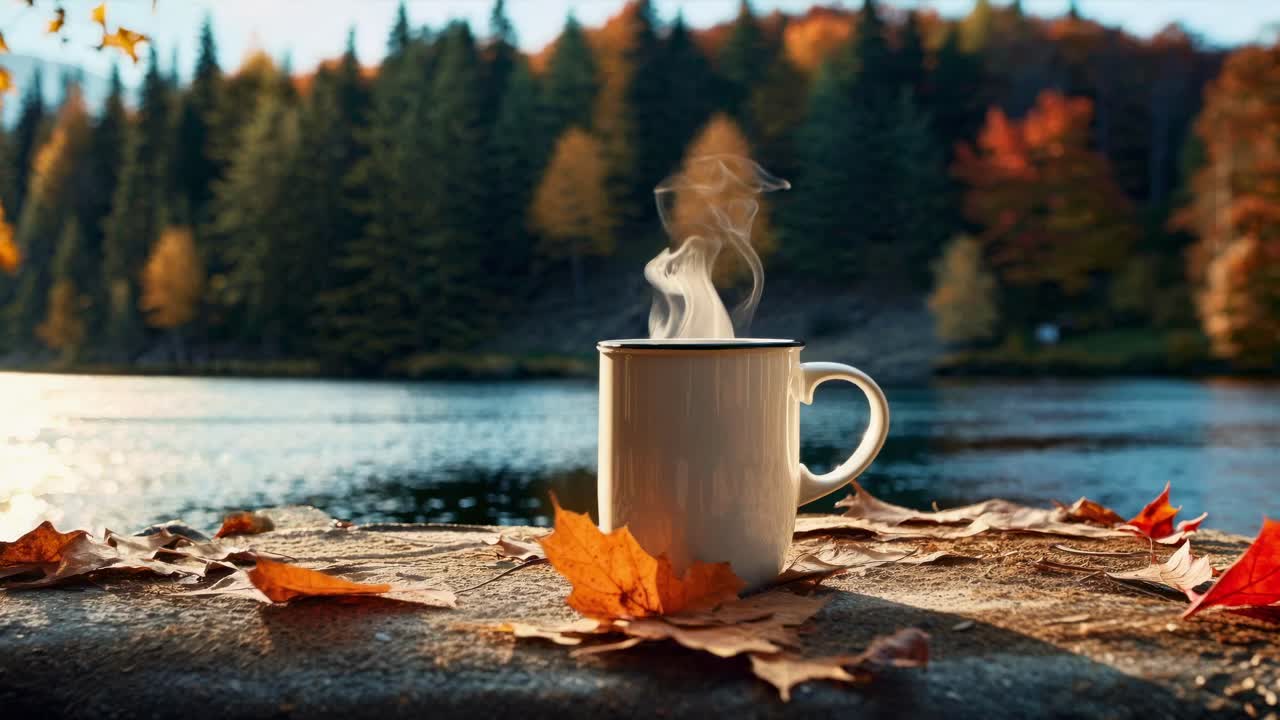 A steaming mug on a stone ledge, surrounded by autumn leaves, with a lake and forest backdrop