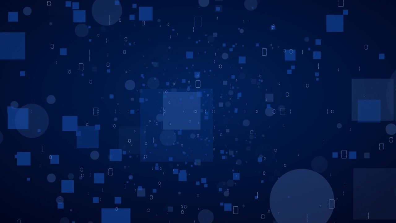 Loopable digital data stream background with blue geometric shapes and flying binary code
