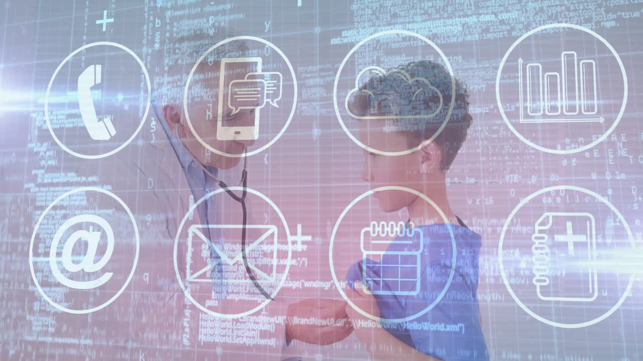 Discussing with patient, doctor using digital communication animation in clinic