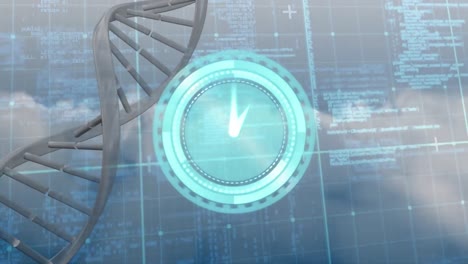 Animation-Einer-Digitaluhr-über-DNA-Helix-Und-Computersprache-Vor-Bewölktem-Himmel