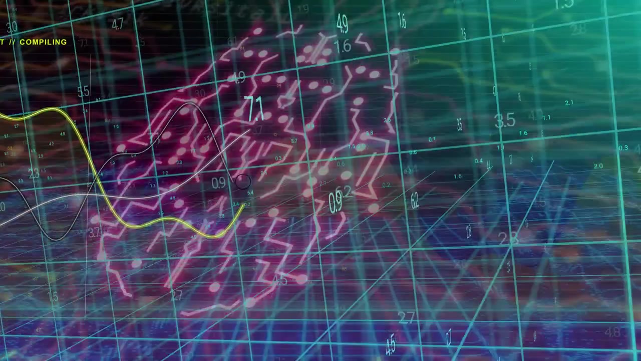 On NET or COMPILING appearing, pink cluster pulsing as yellow wave moving over 3D grid, showing