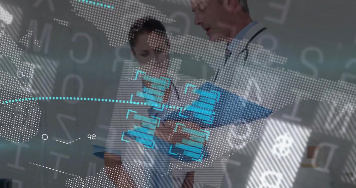 Doctor recogiendo un bolígrafo, iniciando una superposición que visualiza un gráfico de datos médicos mientras una enfermera pasa páginas.