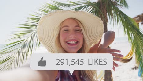 animation of speech bubble with thumbs up icon and numbers over smiling woman on beach