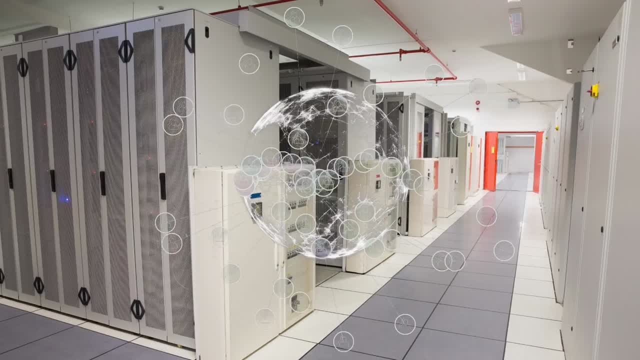 animación del globo y los iconos sobre la sala del servidor