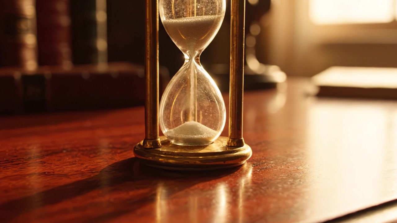 An Elegant Hourglass Capturing the Passage of Time on a Wooden Surface with Reflections and Soft Evening Light Glowing in the Background