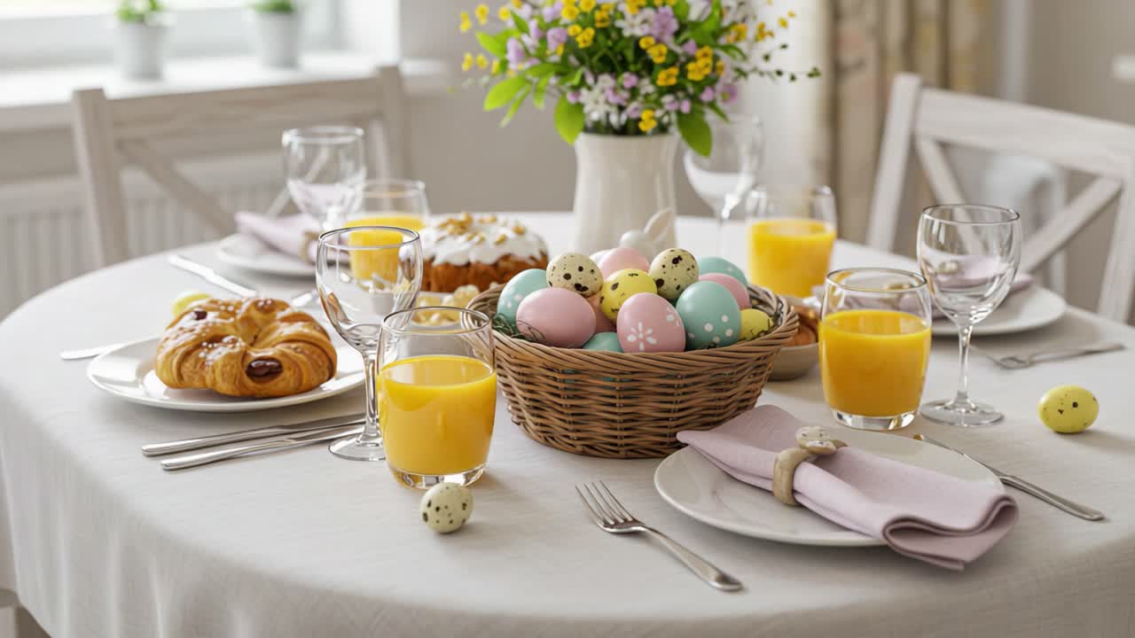 A Beautifully Set Table for a Festive Brunch Featuring Colorful Easter Eggs, Delicious Pastries, Refreshing Juices, and Fresh Flowers Creating a Cheerful Atmosphere