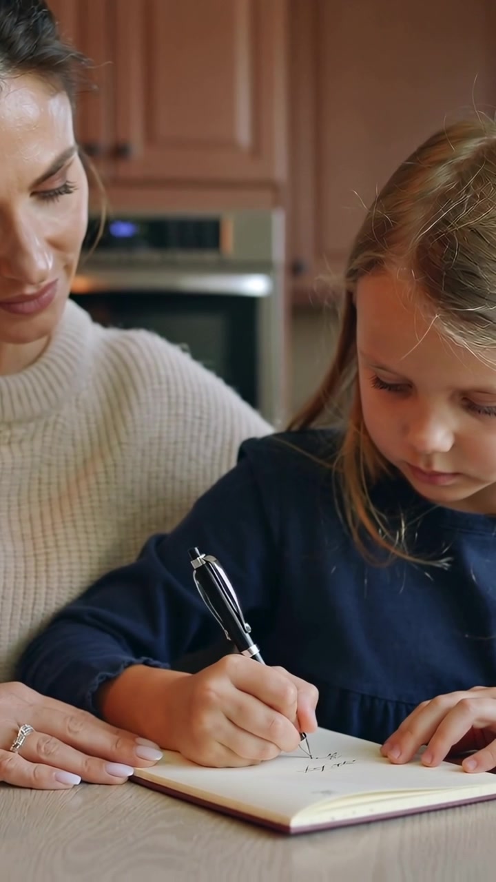 Video verticale: Adulto che si china e assiste un bambino che scrive al bancone della cucina, penna e quaderno nelle vicinanze.