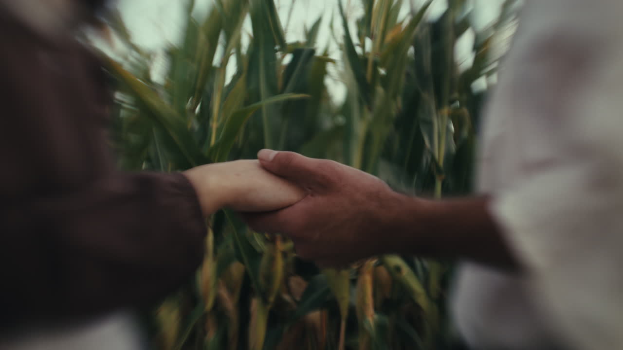 Duas pessoas de mãos dadas num campo.