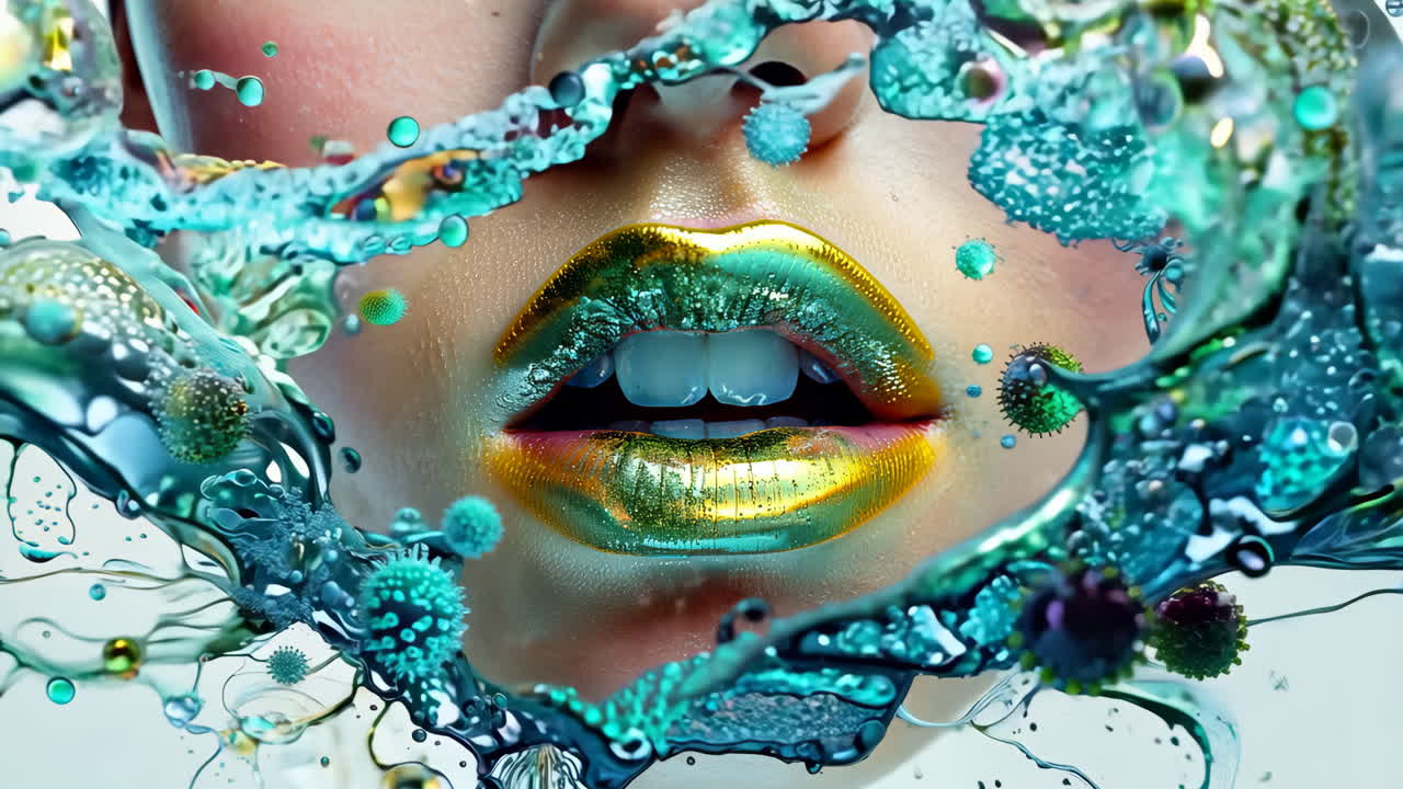 A woman's face is covered in water and has a green lip. The image is a representation of the importance of staying hydrated and taking care of one's health