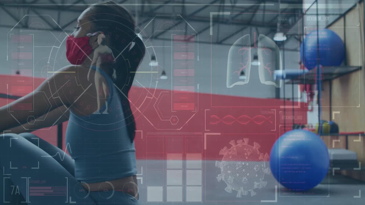 animación de estadísticas y gráficos sobre mujeres caucásicas que usan máscaras faciales ejercitándose