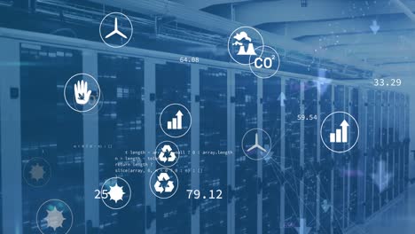 animation of eco icons and data processing over computer servers