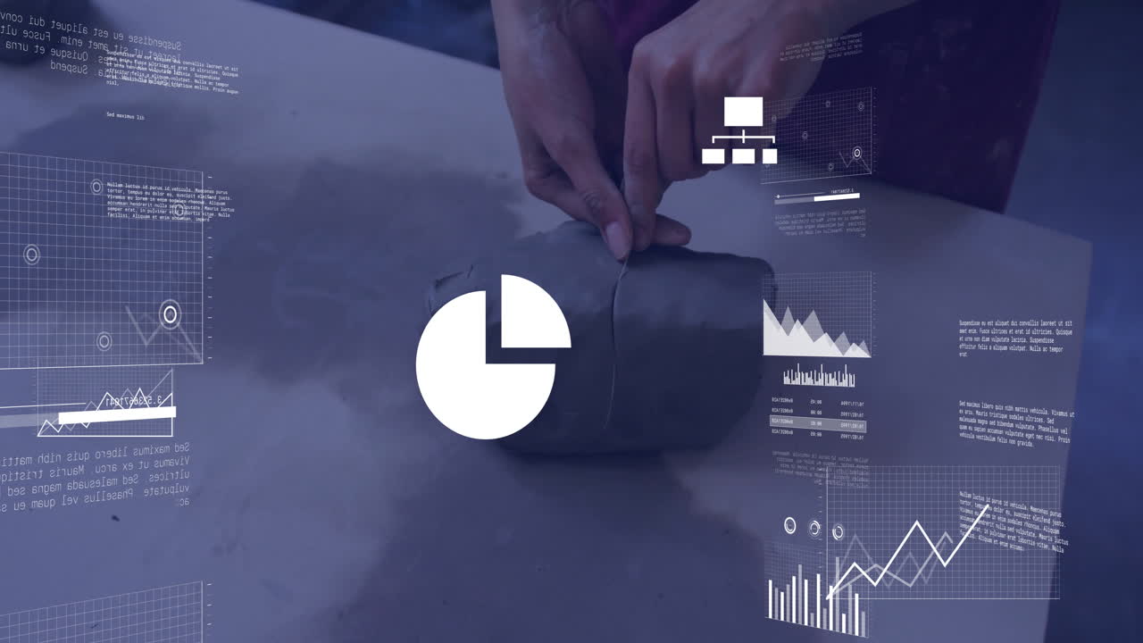 Hands wrapping object with data charts and graphs animation overlay