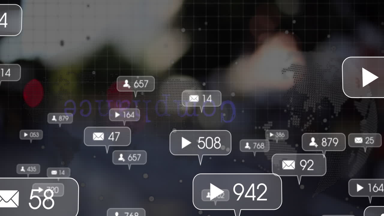 animación de iconos de medios y globo sobre puntos de luz