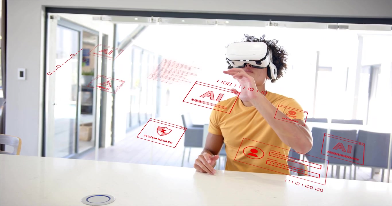 Muž s VR headsetem se natahuje dopředu, manipuluje s posouvajícími se holografickými výstražnými panely a vybírá dlaždici AI.