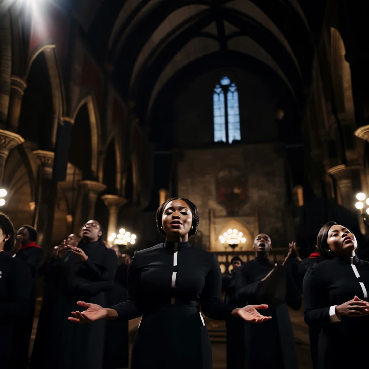 A choir in black robes sings passionately in a dimly lit cathedral