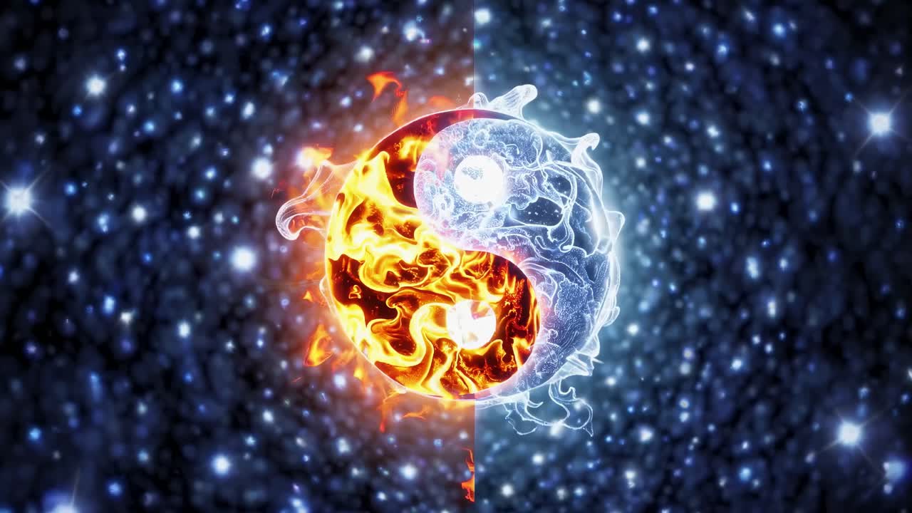 A dynamic video still of a fiery and icy yin-yang symbol, captured from a top-down angle, set