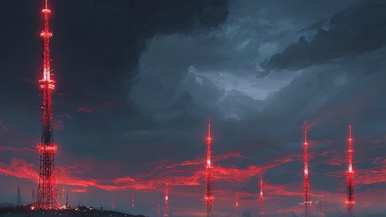 Apocalyptic scene showing glowing red communication towers against a dark, dramatic sky with turbulent clouds, creating a sense of a futuristic, dystopian, and ominous industrial landscape