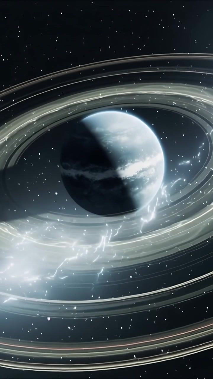 Video verticale: Panoramica della telecamera che rivela un pianeta anellato, con il terminatore in movimento e un filamento che si inarca nello spazio.