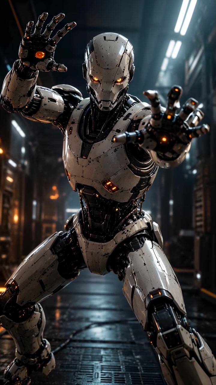 Vista ravvicinata di un robot umanoide che estende le braccia verso la telecamera, con le dita divaricate, una luce arancione circolare che brilla nei palmi, la testa rivolta in avanti, dettagli metallici granulosi e un'atmosfera fredda da fabbrica.