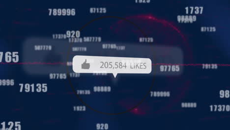 animación de las notificaciones de gustos de las redes sociales sobre el procesamiento de datos en fondo oscuro