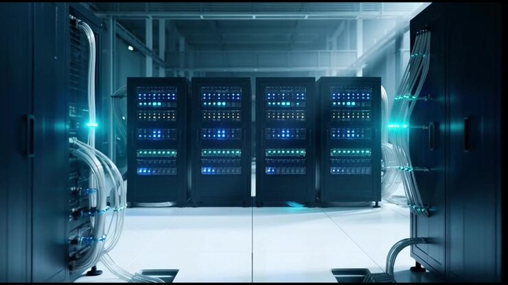Sala server di un moderno data center con luci blu luminose